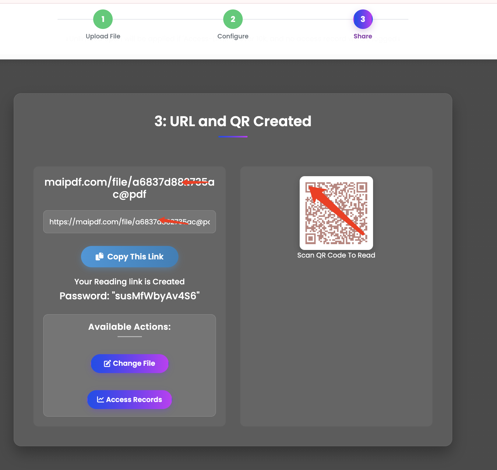 A screenshot showing the resulting link and QR code from a PDF to link generator.